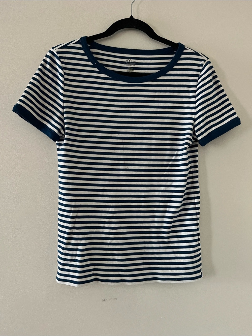 J Crew Navy Blue White Striped 100% Cotton T Shirt Medium Nautical Coastal
